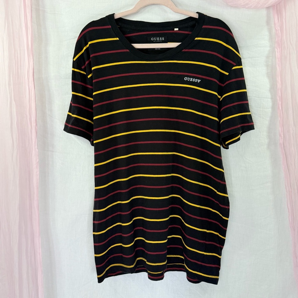 GUESS Striped Tee XL/XXL – Black w/ Yellow & Red Stripes